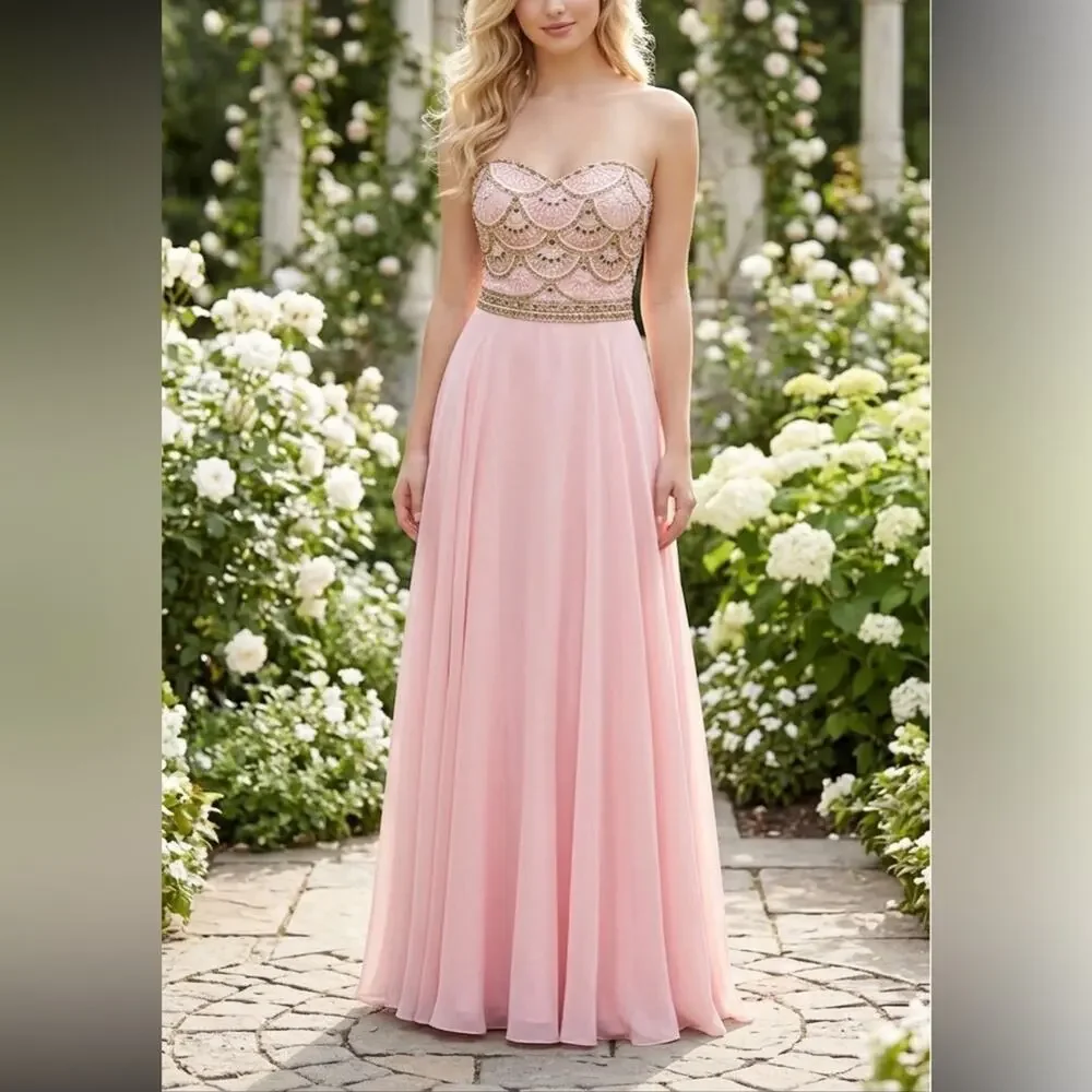 Sherri Hill x Sadie Robertson Pink Beaded Prom Dress Strapless Chiffon Gown  Sz10